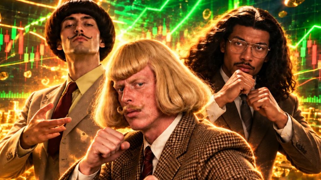 Three men in retro suits pose confidently in front of glowing crypto charts and Bitcoin coins, conveying a flashy crypto hype vibe.