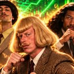 Three men in retro suits pose confidently in front of glowing crypto charts and Bitcoin coins, conveying a flashy crypto hype vibe.