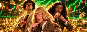 Three men in retro suits pose confidently in front of glowing crypto charts and Bitcoin coins, conveying a flashy crypto hype vibe.