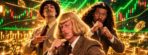 Three men in retro suits pose confidently in front of glowing crypto charts and Bitcoin coins, conveying a flashy crypto hype vibe.