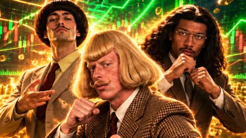 Three men in retro suits pose confidently in front of glowing crypto charts and Bitcoin coins, conveying a flashy crypto hype vibe.