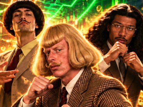 Three men in retro suits pose confidently in front of glowing crypto charts and Bitcoin coins, conveying a flashy crypto hype vibe.