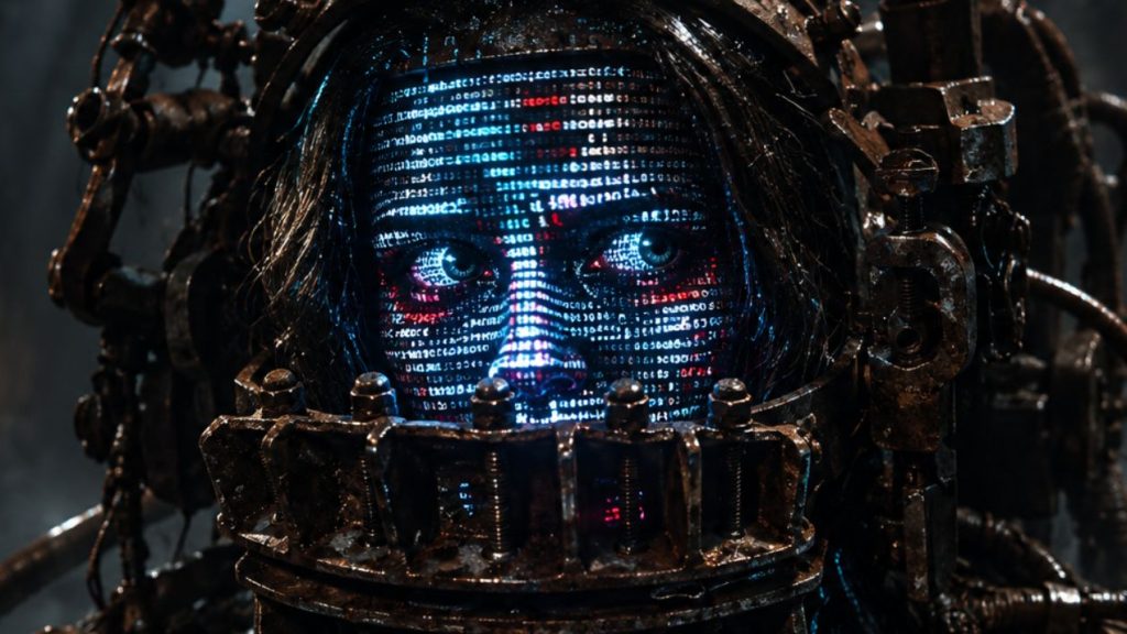 Cyborg head with glowing blue facial data pattern, held in rusty metal restraints in a dark dungeon.