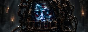Cyborg head with glowing blue facial data pattern, held in rusty metal restraints in a dark dungeon.