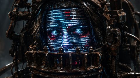 Cyborg head with glowing blue facial data pattern, held in rusty metal restraints in a dark dungeon.