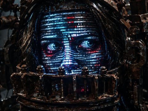 Cyborg head with glowing blue facial data pattern, held in rusty metal restraints in a dark dungeon.