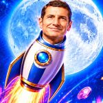 Man's head on a rocket blasting off in space, with a bright moon behind, floating coins, and a rising stock chart in neon colors.