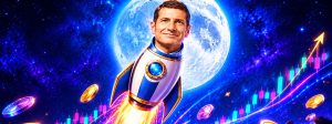 Man's head on a rocket blasting off in space, with a bright moon behind, floating coins, and a rising stock chart in neon colors.