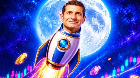 Man's head on a rocket blasting off in space, with a bright moon behind, floating coins, and a rising stock chart in neon colors.