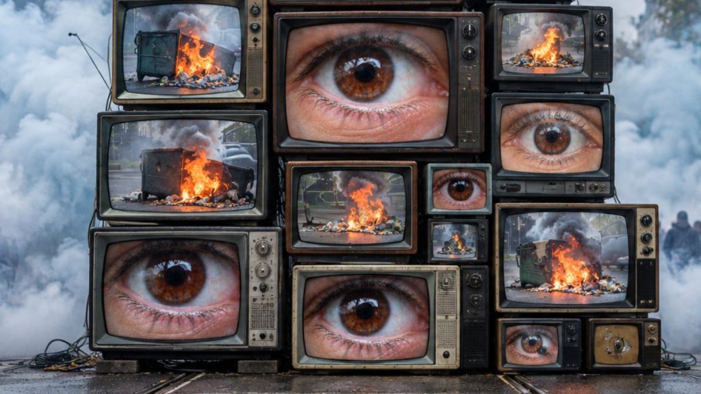 Stacked vintage TVs showing close-up brown eyes, with a hazy protest and flames in the background, conveying media saturation of unrest.