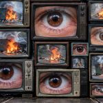 Stacked vintage TVs showing close-up brown eyes, with a hazy protest and flames in the background, conveying media saturation of unrest.