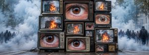 Stacked vintage TVs showing close-up brown eyes, with a hazy protest and flames in the background, conveying media saturation of unrest.