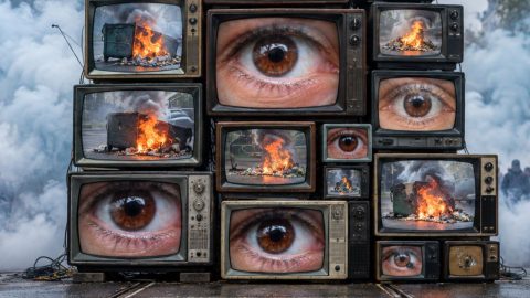 Stacked vintage TVs showing close-up brown eyes, with a hazy protest and flames in the background, conveying media saturation of unrest.