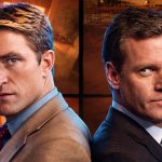 Promotional poster featuring two men in suits back-to-back amid a collage of cozy interiors, with 'REC' marks suggesting a recording theme.