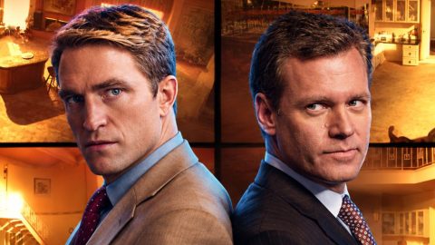 Promotional poster featuring two men in suits back-to-back amid a collage of cozy interiors, with 'REC' marks suggesting a recording theme.