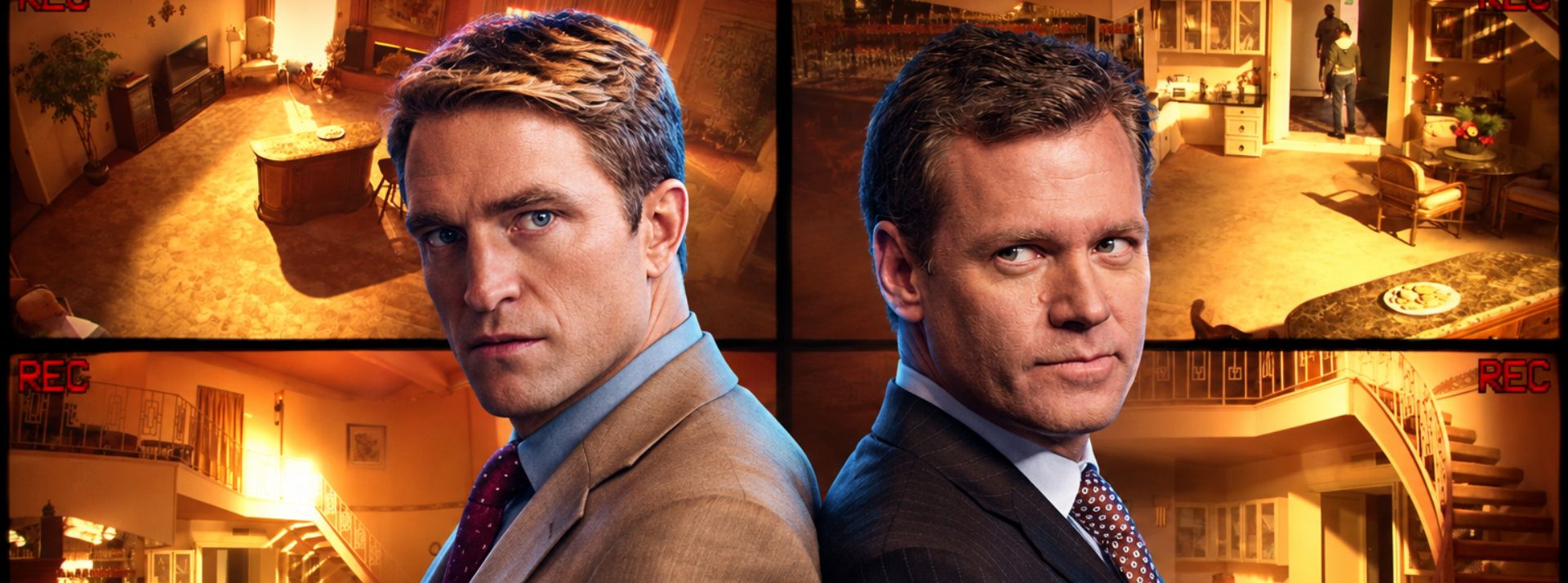 09-10-chris - L'ADN Promotional poster featuring two men in suits back-to-back amid a collage of cozy interiors, with 'REC' marks suggesting a recording theme.