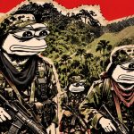 Pepe the Frog soldiers in camouflage uniforms marching with rifles against a bold red collage-style jungle backdrop.
