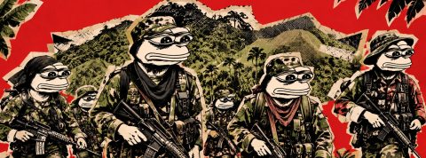 Pepe the Frog soldiers in camouflage uniforms marching with rifles against a bold red collage-style jungle backdrop.