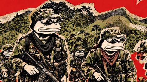 Pepe the Frog soldiers in camouflage uniforms marching with rifles against a bold red collage-style jungle backdrop.
