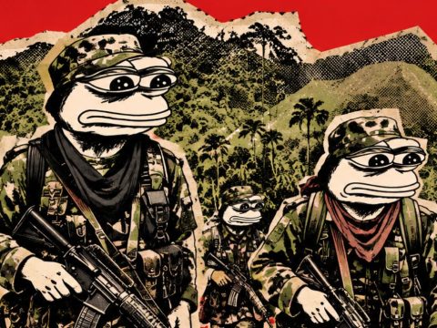Pepe the Frog soldiers in camouflage uniforms marching with rifles against a bold red collage-style jungle backdrop.