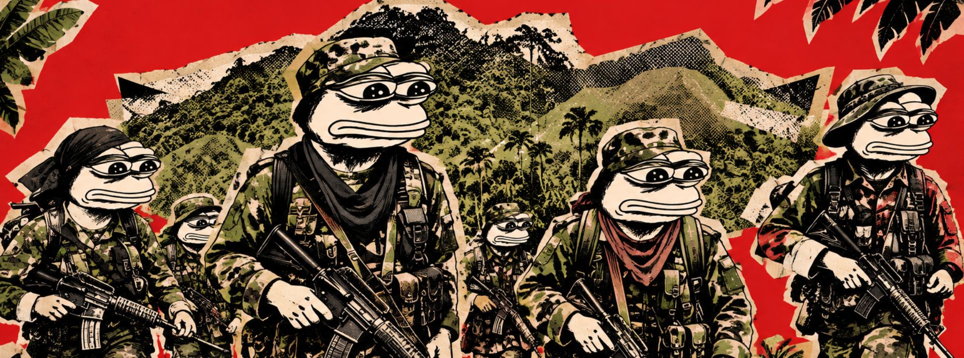 14-10-guerillia - L'ADN Pepe the Frog soldiers in camouflage uniforms marching with rifles against a bold red collage-style jungle backdrop.
