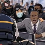 Man in a gray suit yells and reaches toward riot police as a crowd of masked protesters closes in behind him.