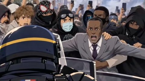 Man in a gray suit yells and reaches toward riot police as a crowd of masked protesters closes in behind him.
