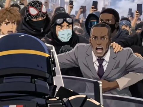 Man in a gray suit yells and reaches toward riot police as a crowd of masked protesters closes in behind him.