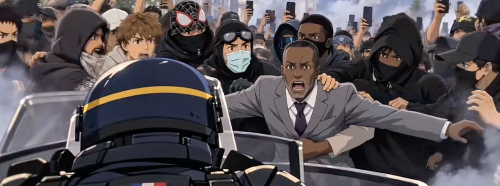 Man in a gray suit yells and reaches toward riot police as a crowd of masked protesters closes in behind him.