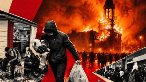 un collage montrant des scène de pillage sur le fond d'un incendie de marie