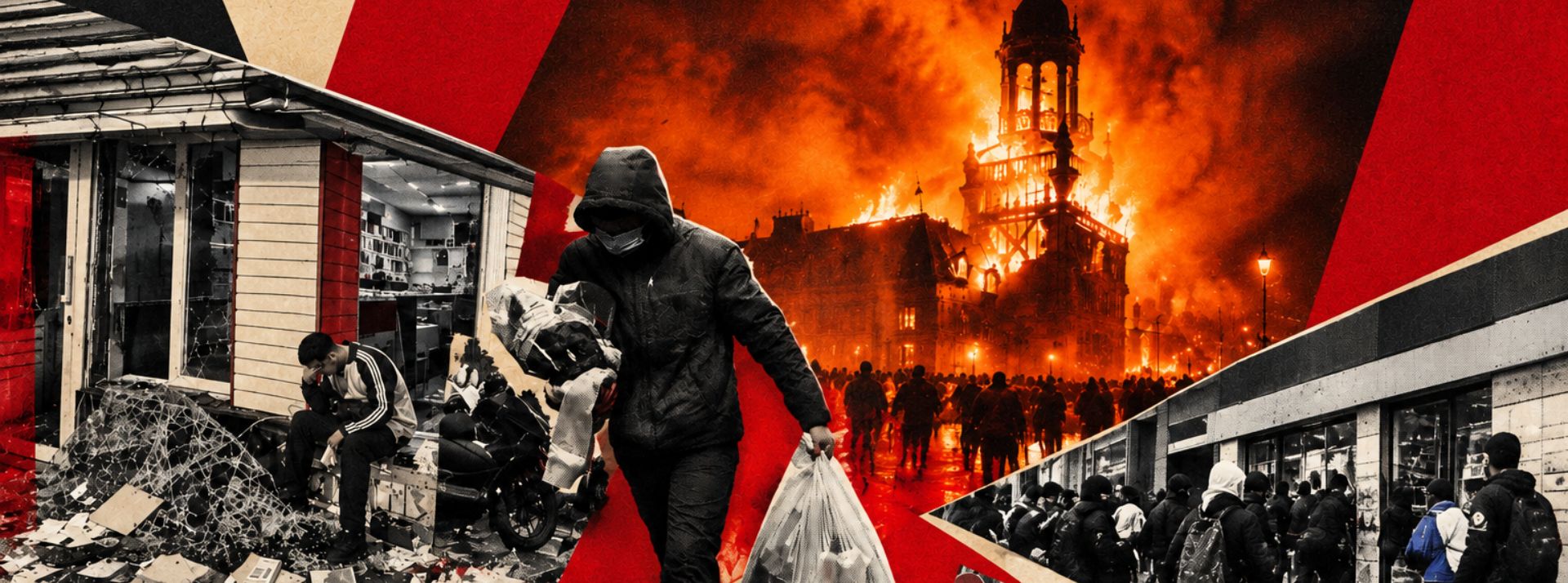 20-10-loot - L'ADN un collage montrant des scène de pillage sur le fond d'un incendie de marie
