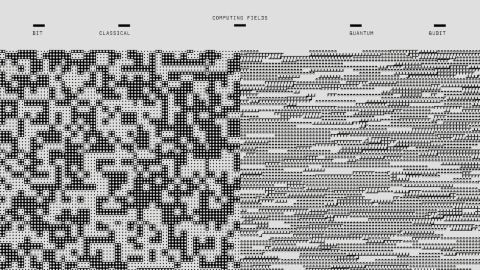 Abstract split image showing classical computing on the left as a dense mosaic of black squares and quantum computing on the right with dotted patterns, titled 'Computing Fields'.