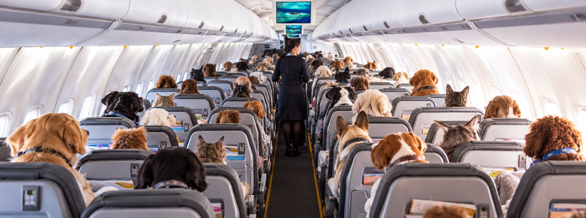 Bannières Articles LADN - L'ADN Flight attendant walking the aisle in a passenger airplane crowded with dogs in every seat.