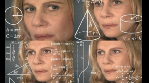 Composite image of a woman's face with mathematical formulas and geometric diagrams overlayed around her, suggesting thinking about math.