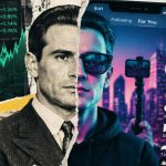 Collage of a man in a suit filming with a smartphone, with stock charts, money, and a neon cityscape in the background.