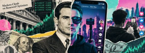Collage of a man in a suit filming with a smartphone, with stock charts, money, and a neon cityscape in the background.