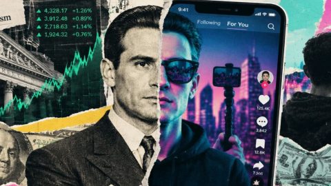 Collage of a man in a suit filming with a smartphone, with stock charts, money, and a neon cityscape in the background.