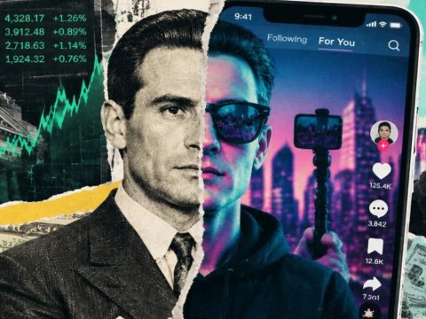 Collage of a man in a suit filming with a smartphone, with stock charts, money, and a neon cityscape in the background.