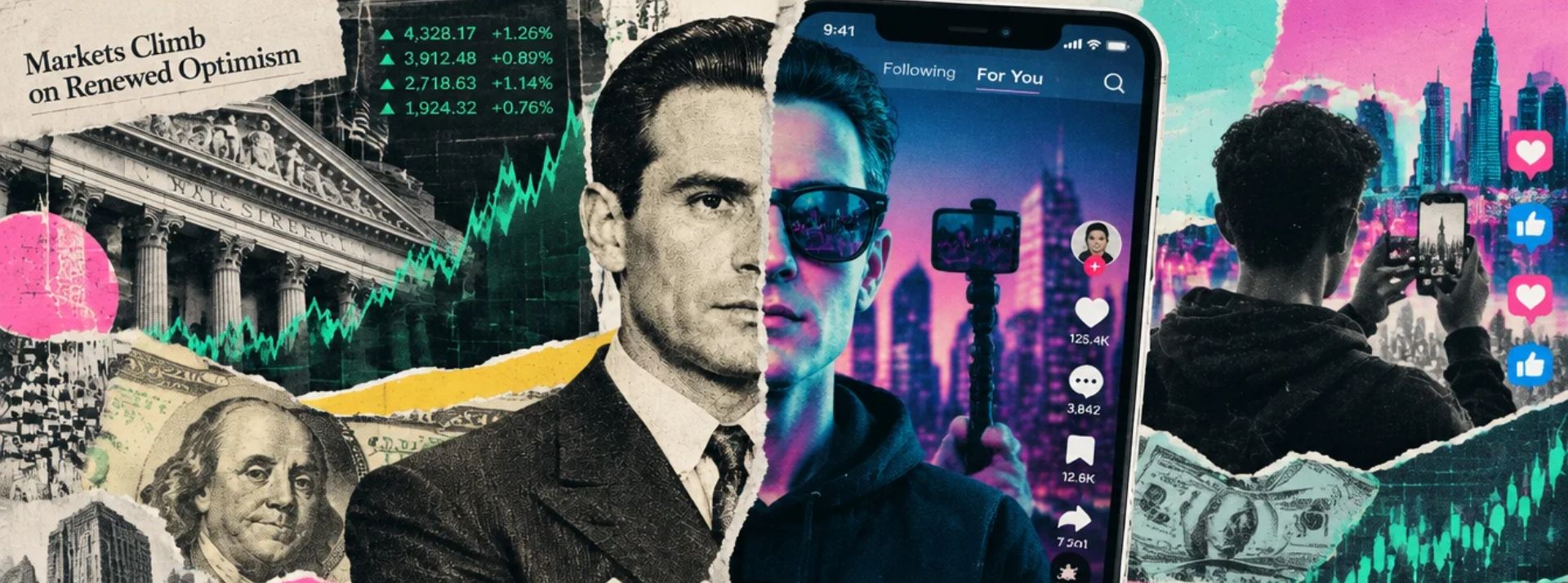 Collage of a man in a suit filming with a smartphone, with stock charts, money, and a neon cityscape in the background.